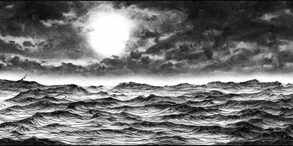 Image similar to illustration of the shore on a beautiful morning, monochrome, manga style, by Kentaro Miura, sharp, dramatic lighting