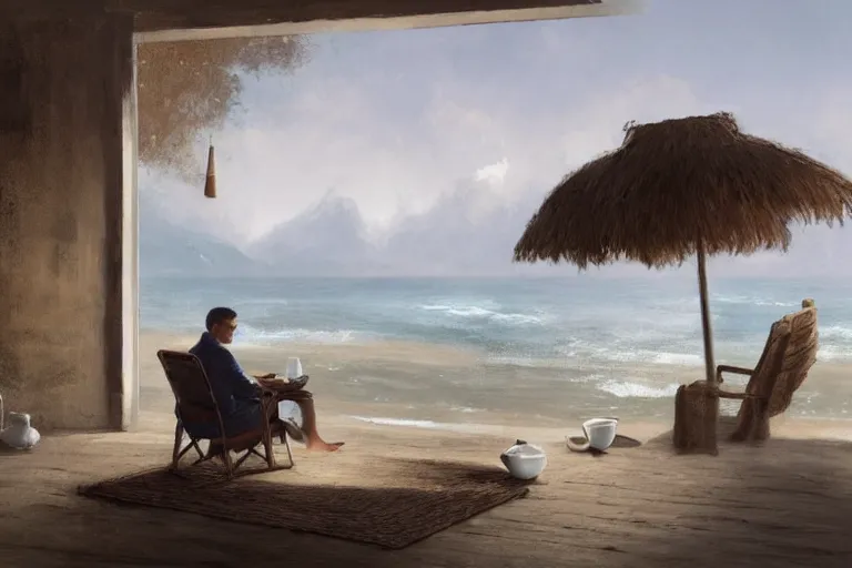 Image similar to a matte painting of a man sitting down and having a cup of tea in his house by the beach, by greg rutkowski, muted colors