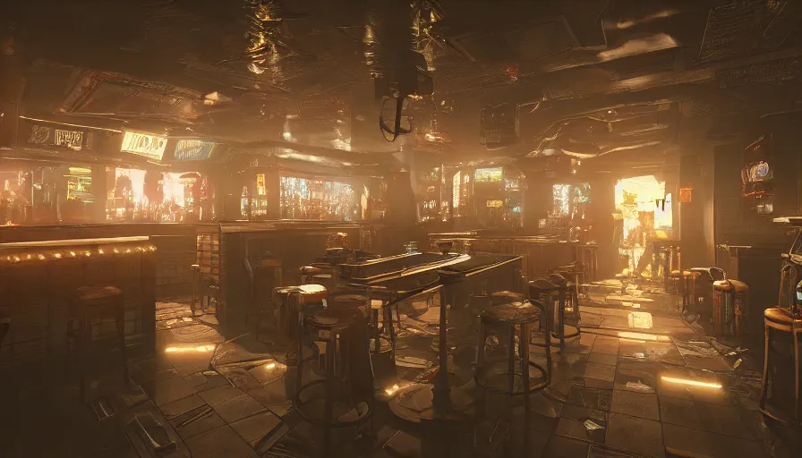 Image similar to cyberpunk themed pub, very detailed, octane render, 4 k, trending on artstation