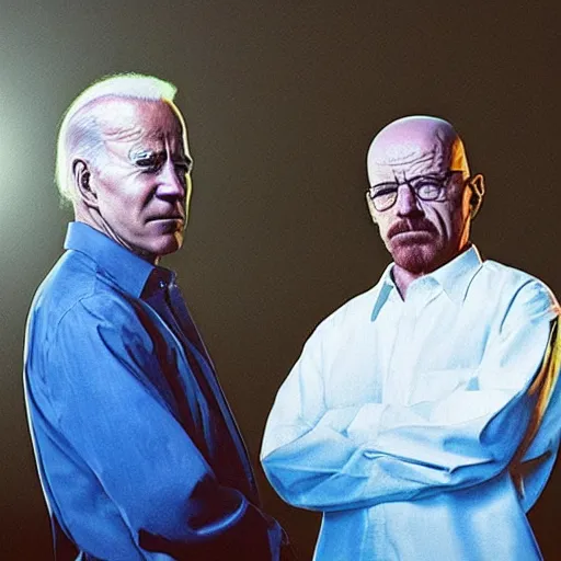 Image similar to “35mm realistic screenshot of Joe Biden and Walter White in an episode of Breaking Bad, atmospheric lighting, award-winning”