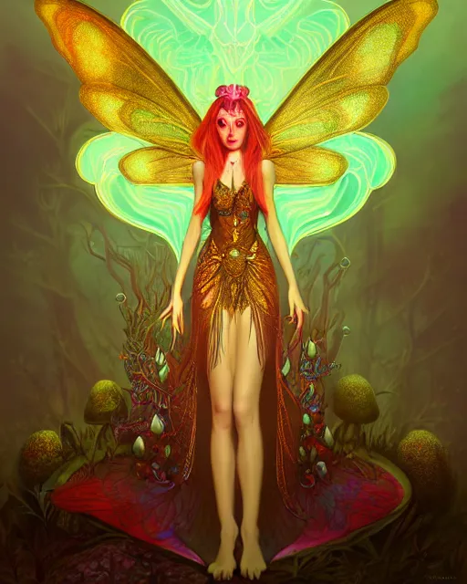 Image similar to portrait, stunningly beautiful female faerie priestess in amanita muscaria forest landscape, symmetrical wings on back, neon hair, wearing a dress of gossamer gold, inner glow, illustration, dramatic lighting, soft details, painting, art nouveau, octane render, 8 k, hd, by brom, faces by otto schmidt