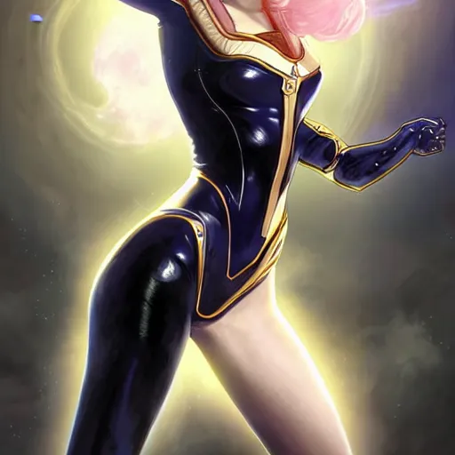 Image similar to genetically augmented super soldier Sailor Moon as a male, pale skin curly blond hair, black latex bodysuit with glowing cybernetics, fantasy, intricate, elegant, highly detailed, digital painting, artstation, concept art, matte, sharp focus, illustration, art by Artgerm and Greg Rutkowski and Alphonse Mucha