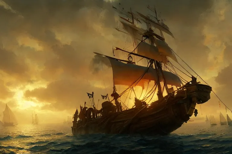 Image similar to a pirate ship, low angle, cine atic, golden hour, greg rutkowski, artstation hd, mist