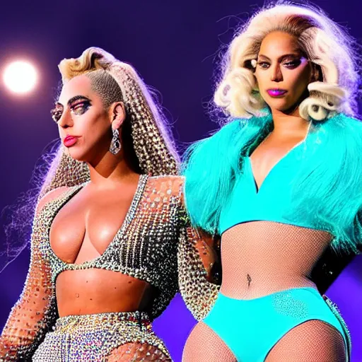 Image similar to Lady gaga and Beyonce perfom together at a concert, EOS 5D, ISO100, f/8, 1/125, 84mm, RAW Dual Pixel, Dolby Vision, HDR, AP, Featured