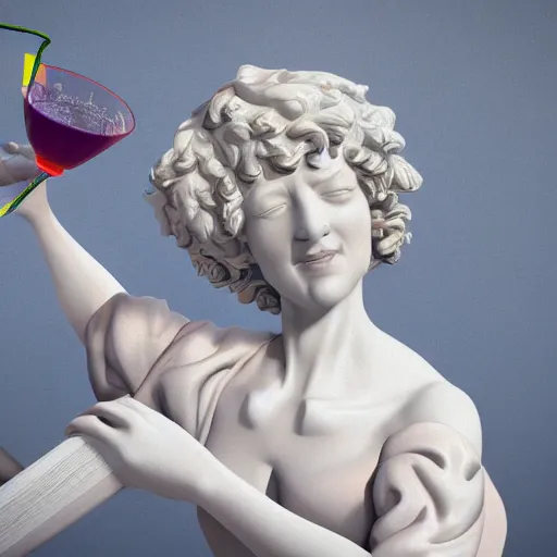 Prompt: close - up of white reneissance statue holding a coctail, colorful coctail, digital painting, 3 d render, above the waist