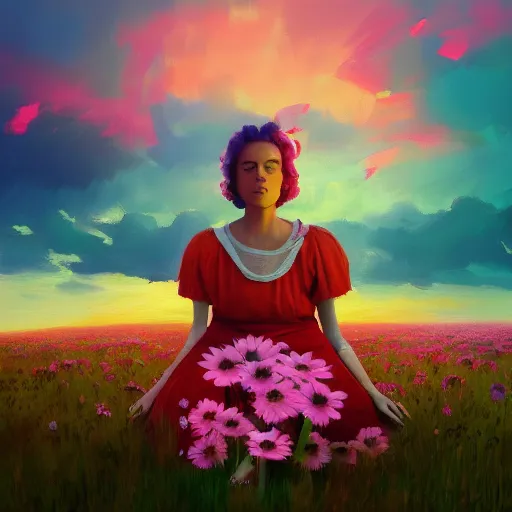 Image similar to giant daisy flower as head, girl sitting in a flower field, surreal photography, sunrise, dramatic light, impressionist painting, colorful clouds, digital painting, artstation, simon stalenhag