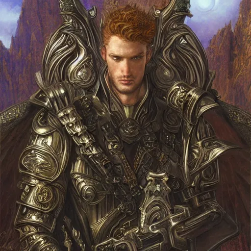 Image similar to Fantasy style portrait of a male paladin, castle setting, intricate, elegant, highly detailed, matte, sharp focus, illustration, art by Donato Giancola and Bayard Wu, gustav moreau, goward, wayne barlowe