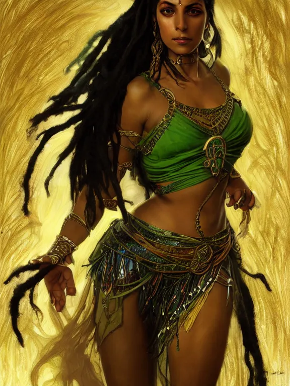 Prompt: portrait of combat belly dancer, female, black skin, beautiful, green eyes, dreadlock black hair, high fantasy, arabian nights inspired, smooth, sharp focus, digital painting, by artgerm and greg rutkowski and alphonse mucha