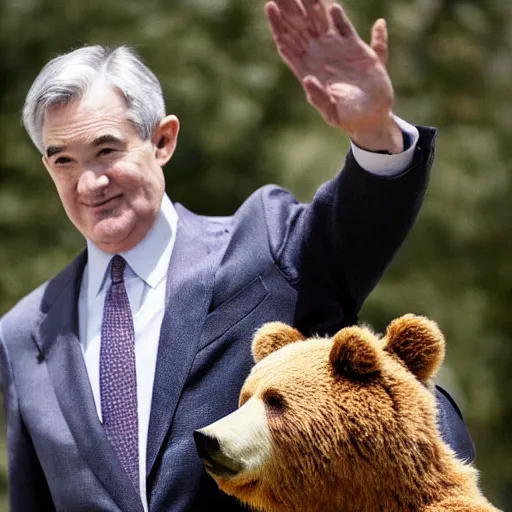 Image similar to photo of jerome powell riding on top of a bear, epic pose