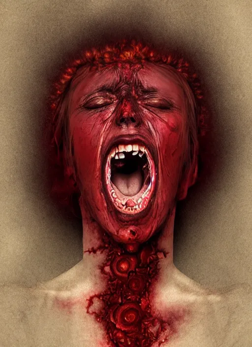 Image similar to dramatic dark red matte portrait painting of screaming insane woman with black mandelbrot fractal instead of face, horror, body horror, dark art, 4 k, detailed, realistic, psychotic, insane, crazy, mental illness, dramatic,