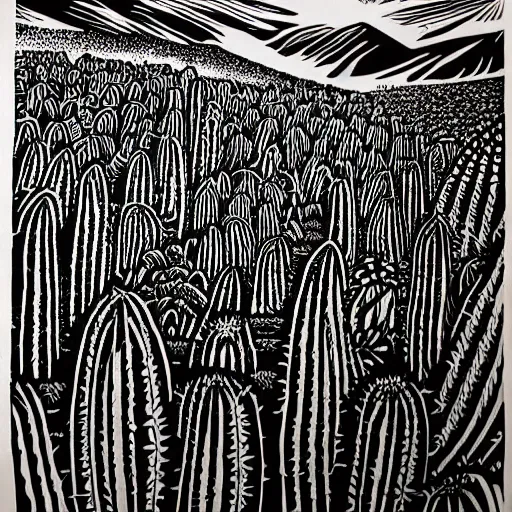 Prompt: Epic, detailed, Linocut Art on paper of a beautiful fields of cactus. Epic Latin American Linocut Art.