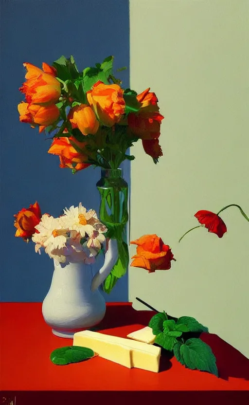 Image similar to beautiful still life featuring blooming flowers, tillamook cheese, and red wine, very coherent, painted by Edward Hopper, painted by James Gilleard, airbrush, art by JamesJean