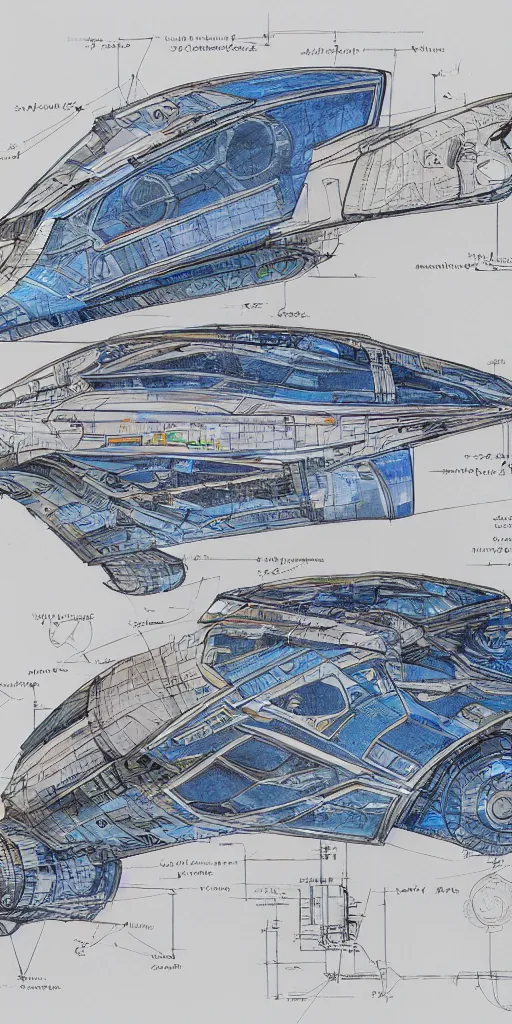 Image similar to blueprint of a spaceship, technical draw, concept art, extreme detail, 3 5 mm, colorful