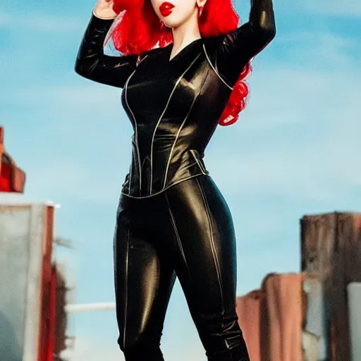 Image similar to Singer Kali Uchis as White as Marvel's Black Widow, red hair, excellent composition, cinematic atmosphere, precise facial anatomy, dynamic dramatic cinematic lighting, precise correct anatomy, aesthetic, very inspirational, grindhouse