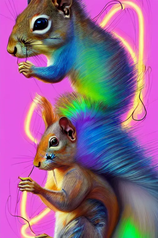 Image similar to a award winning half body portrait of a squirrel with stunning eyes in a croptop and cargo pants with rainbow colored hair, outlined by whirling illuminated neon lines and fine lines swirling in circles by jesper ejsing and rhads and makoto and shinkai and lois van baarle, digital art, trending on artstation