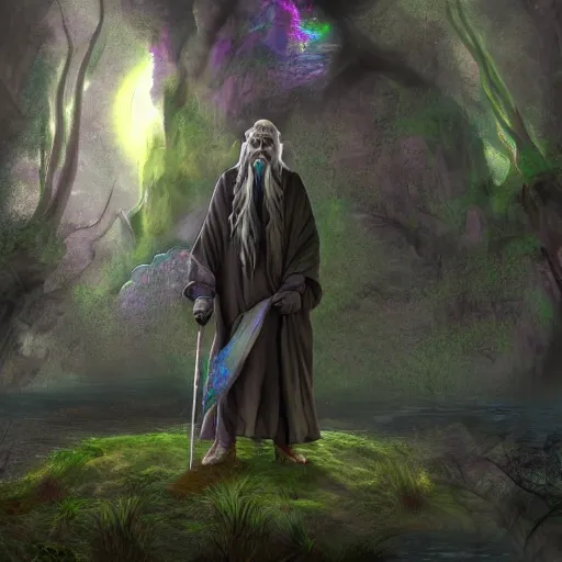 Image similar to an epic image of gandalph the grey, taking lsd and waiting for psychedelic trip, background magic psycheeelic forest, acis colors, digital art, artstation, unreal engine