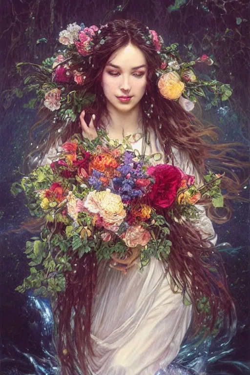 Image similar to portrait of a beautiful mysterious woman holding a bouquet of flowing flowers, wet dripping long hair, hands hidden under the bouquet, emerging from the water, fantasy, regal, intricate, by stanley artgerm lau, greg rutkowski, thomas kindkade, alphonse mucha, loish, norman rockwell