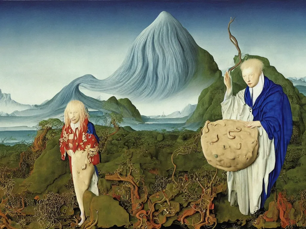 Image similar to Portrait of albino mystic with blue eyes, with exotic beautiful orchid medusae. Landscape with tsunami, giant wave. Painting by Jan van Eyck, Audubon, Rene Magritte, Agnes Pelton, Max Ernst, Walton Ford