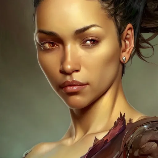 Image similar to beautiful, very strong, mixed race, female, aged 4 0, face, no makeup, head shot, fantasy, highly detailed, digital painting, artstation, concept art, sharp focus, illustration, art by artgerm and greg rutkowski and alphonse mucha