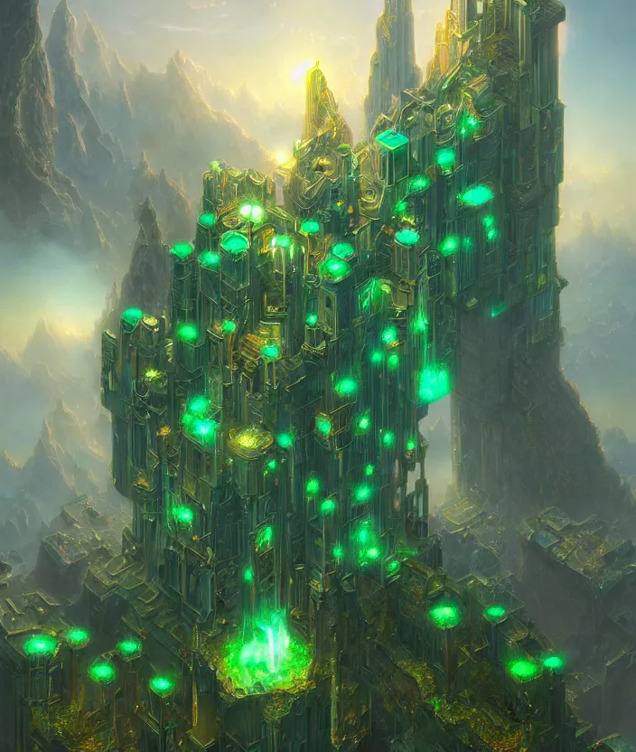 Prompt: a detailed digital painting of a crystalline palace made of gleaming emeralds, by moebius and tyler edlin and lee madgwick, trending on artstation, digital art, 4 k resolution, detailed, beautiful render, octane render, high quality, sharp focus, hq artwork, coherent, insane detail, concept art