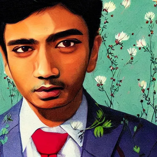 Prompt: indian guy standing and holding flowers, looking nostalgic, in love, dapper,full portrait, artwork by Cheng, Hsiao-Ron and Wes Anderson