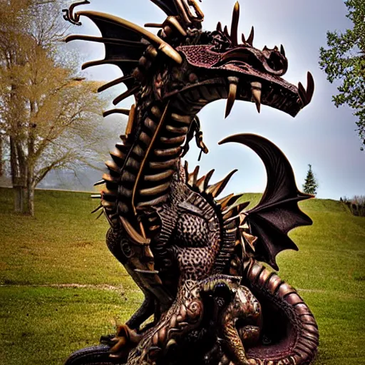 Prompt: a sculpture of a steampunk dragon, photograph