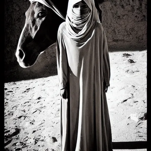 Image similar to beautiful burqa's woman, ride horse in saharan, dress like taliban, riffle on chest, dust, cinematic, dynamic pose, pinterest