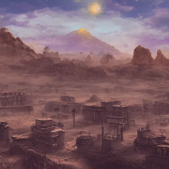 Prompt: old west style city in the middle of a vast sandy flat desert with a single mountain on the very distant horizon. magic the gathering art, digital media