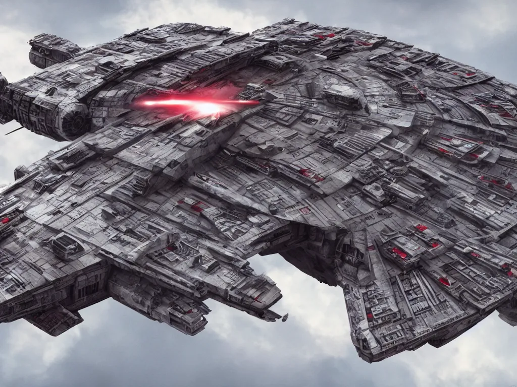 Image similar to epic shot of the millenium falcon with red stripes, by annie leibovitz, anamorphic lens flares, glow, octane render