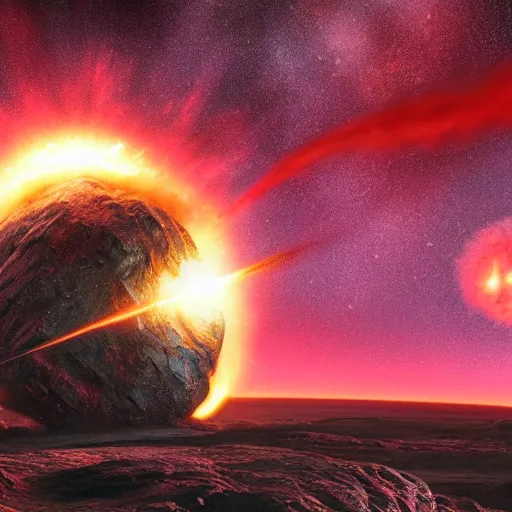 Image similar to a hot-red meteorite crashes into planet, fantastic landscape, fantasy, hyperrealism, no blur, 4k resolution, ultra detailed-i