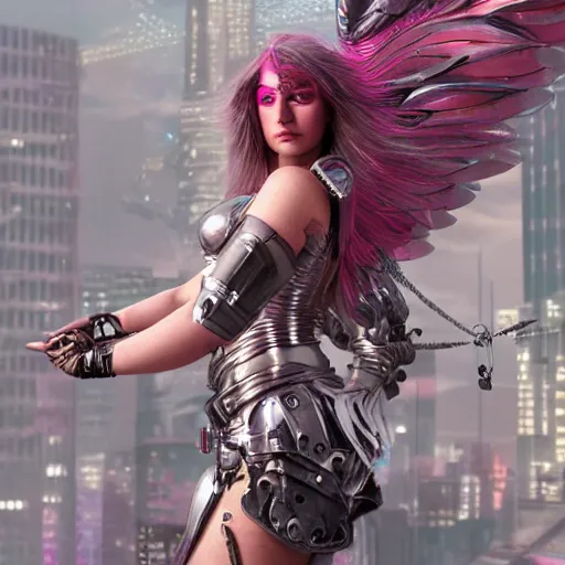 Prompt: cyberpunk valkyrie woman with wings made of metal and pink and silver armor, flowing hair, cityscape, protesting signs, fighting, artstation, realistic, high detail digital painting, sharp focus, style of Julia Razumova,