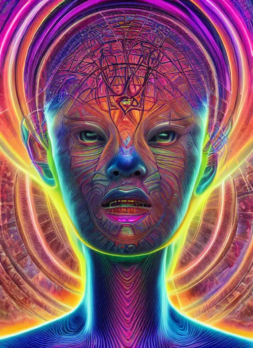 Prompt: ai transcendence into collaborative intelligence, connectedness, body, by alex grey, album cover, award winning, beautiful, colorful, volumetric lighting, trending on artstation