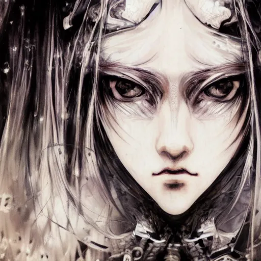 Image similar to yoshitaka amano blurred and dreamy realistic illustration of an anime girl with wavy white hair and cracks on her face wearing elden ring armour with the cape fluttering in the wind, abstract black and white patterns on the background, noisy film grain effect, highly detailed, renaissance oil painting, weird portrait angle