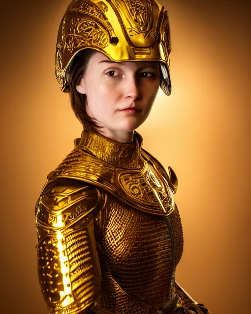 Image similar to award winning photograph portrait of woman in shining golden armor, photorealistic, shaded, cinematic lighting, high production value, intricate details, high resolution, hdr, high definition, masterpiece, realistic, ultrarealistic, highly detailed, hd, sharp focus, non blurry, sharp, smooth