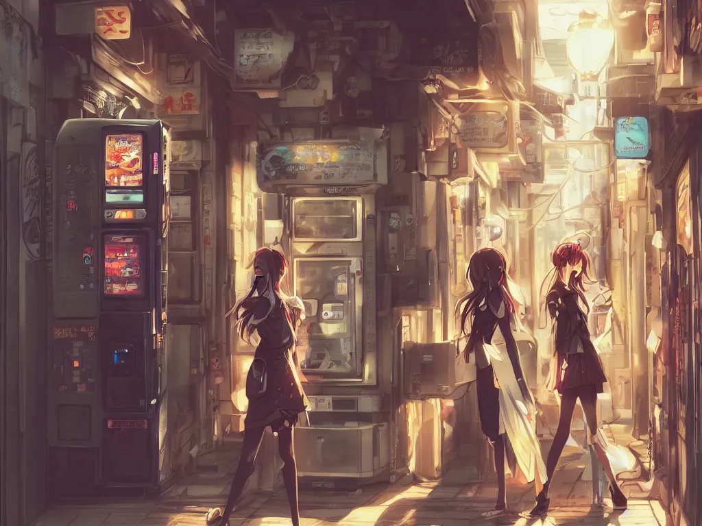 Prompt: Two beautiful anime girls, standing in front of a vending machine outside of a Japanese convenience store, in narrow Tokyo alleyway, beautiful light and shadows, D&D, fantasy, highly detailed, digital painting, artstation, concept art, sharp focus, illustration, in style of GUWEIZ and WLOP and NIXEU