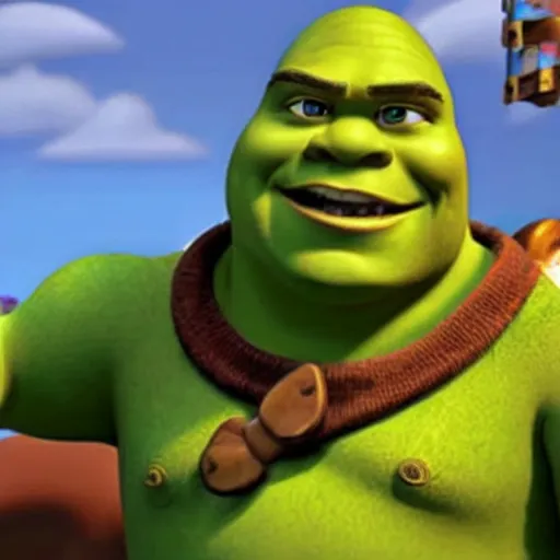 Prompt: Shrek as a toy in the movie Toy Story