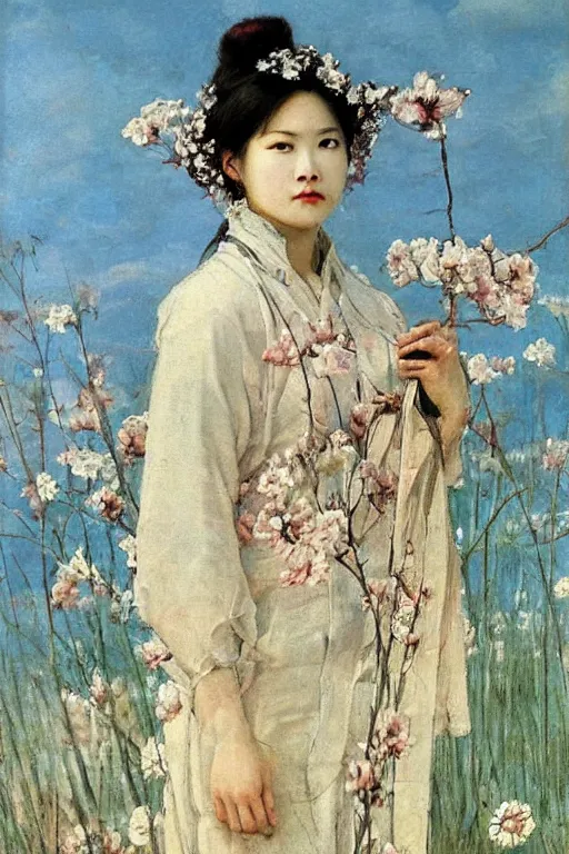 Image similar to close - up fashion asian woman portrait airy flowers sacura cloudy sky art by vasnetsov