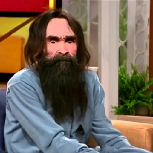 Image similar to charles manson on the ellen show, tv screen cap, detailed eyes, face and upper body focus, soft lighting