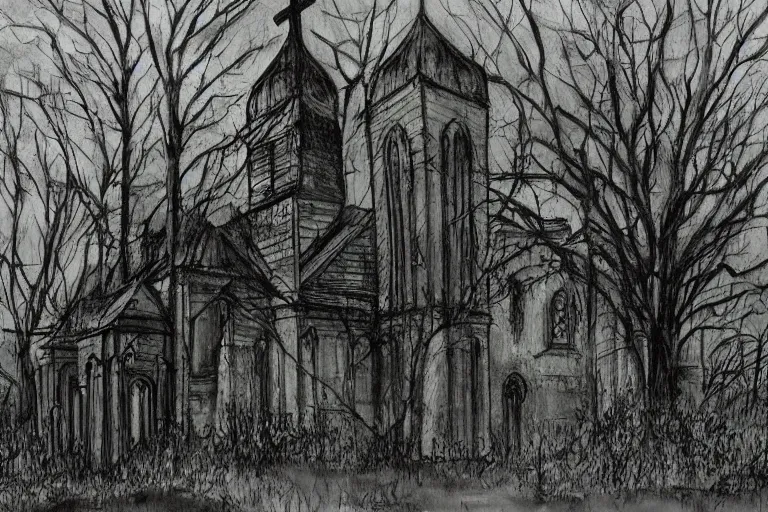 Prompt: mad horror painting of a old church in the woods by ben templesmith