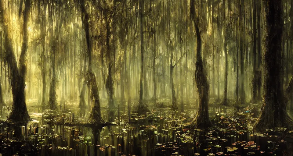 Image similar to A dense and dark enchanted forest with a swamp, by Rob Hefferan