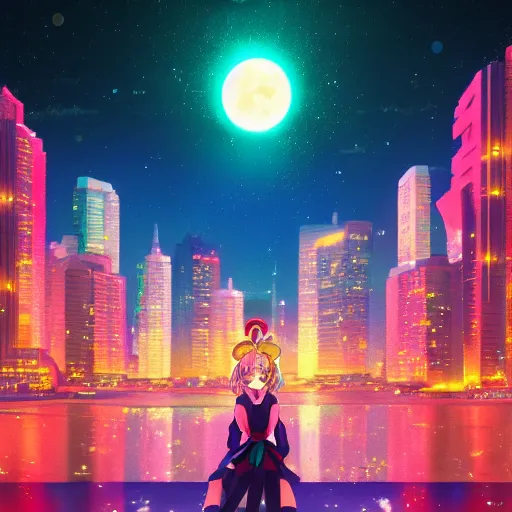 Image similar to portrait of sailor moon, city background, rich vivid colors, ambient lighting, dynamic lighting, 4k, HQ, official media, anime key visual, makoto shinkai, ilya kuvshinov, lois van baarle, rossdraws, detailed, trending on artstation