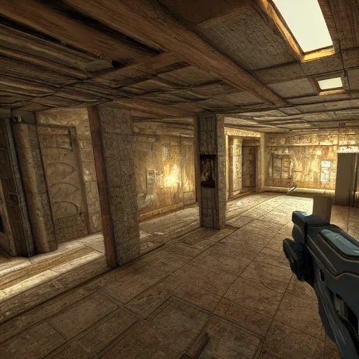 Prompt: realistic picture of quake game, hyper realistic, crisp photo quality, drab coloring