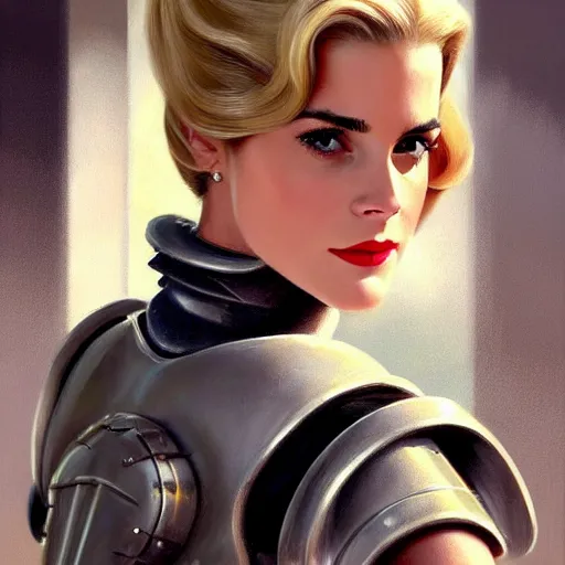 Image similar to A combination of Grace Kelly's and Emma Watson's and Ashley Greene's appearances with blonde hair wearing Power armor, full body portrait, western, D&D, fantasy, intricate, elegant, highly detailed, digital painting, artstation, concept art, matte, sharp focus, illustration, art by Donato Giancola and James Gurney