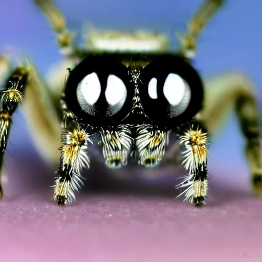 Image similar to a jumping spider using a tiny laptop, by pixar, macro lens, iridescent