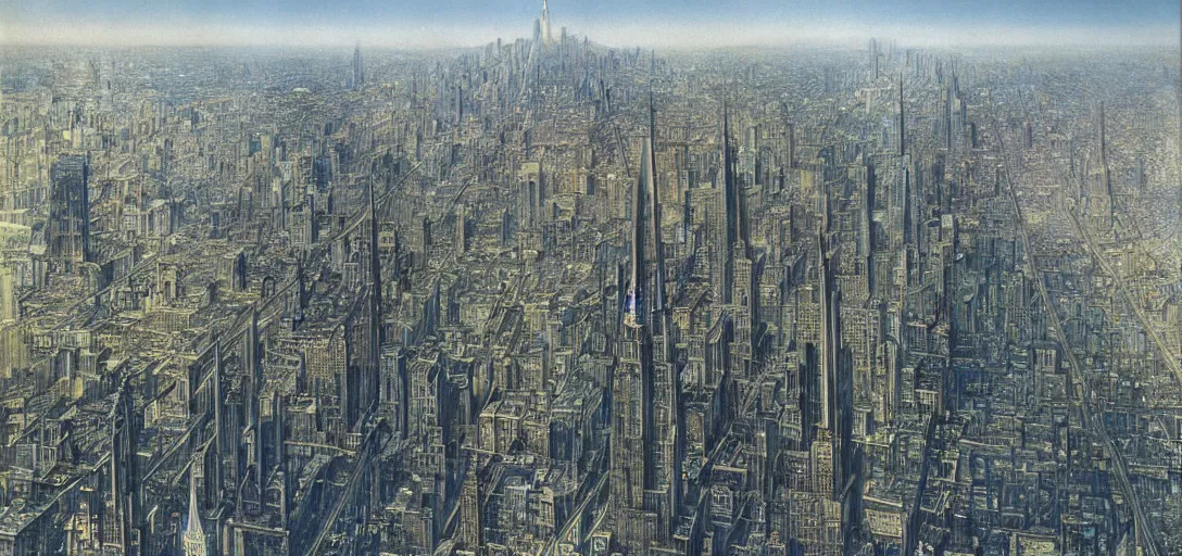 Image similar to Futuristic landscape of New York City in the year 2050 by Alan Lee