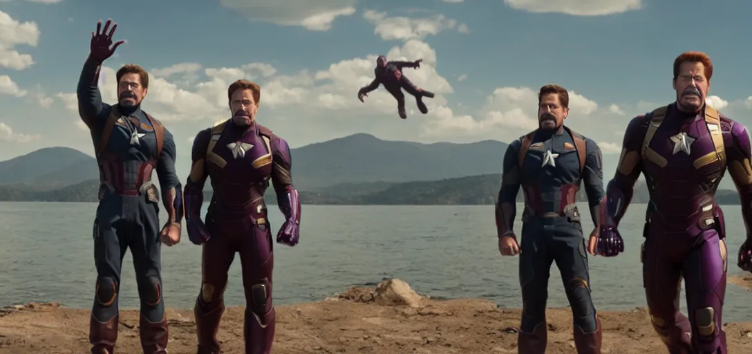 Image similar to a very high resolution image from a new movie. thanos waving at tony stark while capitan america watches on a lake, photorealistic, photography, directed by wes anderson