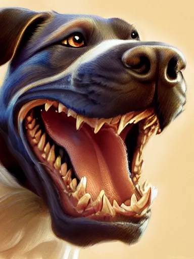 Image similar to a dog trying to bite a ball too big for his mouth. intricate, elegant, highly detailed, digital painting, artstation, concept art, sharp focus, illustration, by justin gerard and artgerm, 8 k