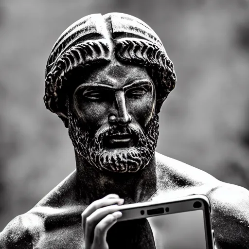 Image similar to photography portrait of a spartan holding a cell phone, ancient greece, leica 1 0 0 mm f 0. 8