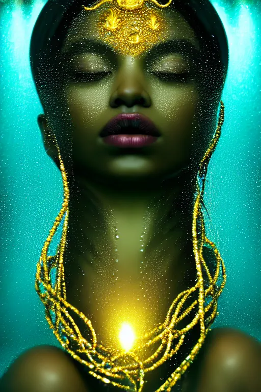 Image similar to hyperrealistic postrococo cinematic very expressive! black oshun goddess, in water up to her shoulders, mirror dripping droplets!, gold flowers, highly detailed face, digital art masterpiece, smooth eric zener cam de leon dramatic pearlescent volumetric teal light, high angle uhd 8 k, sharp focus