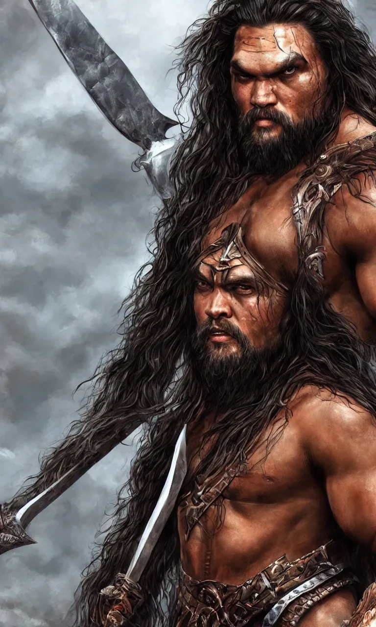 Image similar to hyper realistic digital painting of jason momoa as conan the barbarian by simon bisley, vivid color scheme, unreal engine 5